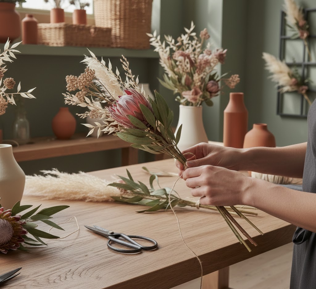 Handwerkliche Arbeit an Blumenarrangements