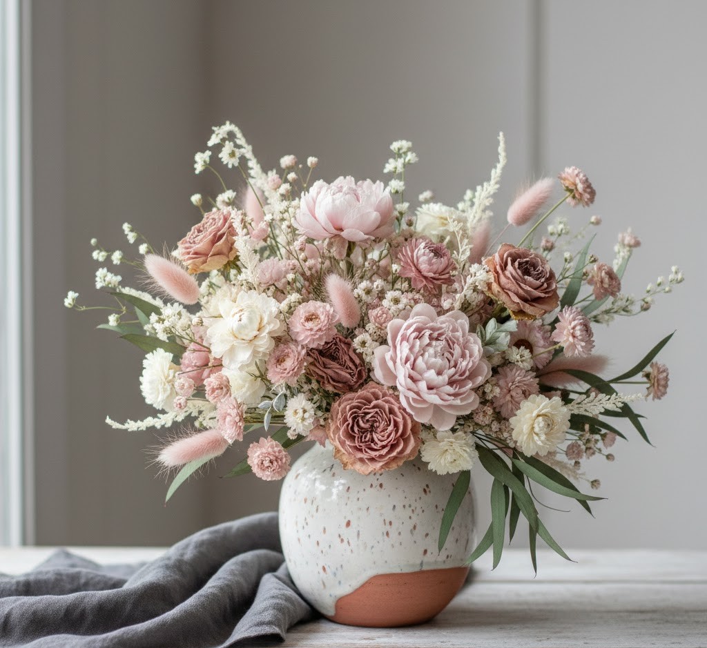 Romantisches Trockenblumenarrangement in Pastelltönen
