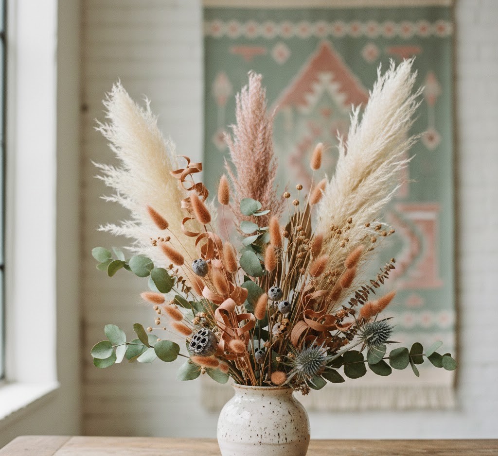 Rustikales Blumenarrangement mit getrockneten Gräsern