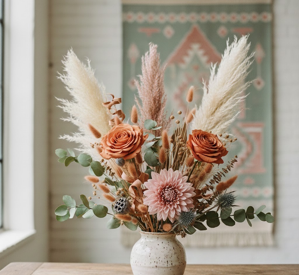 Warmes Blumenarrangement in Erdtönen
